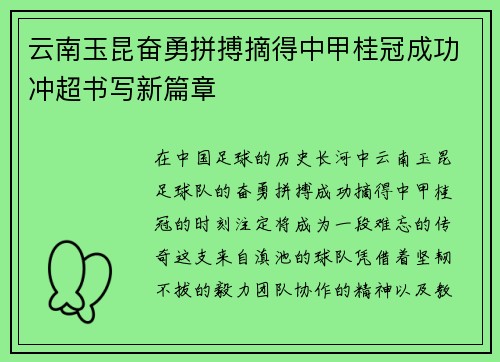 云南玉昆奋勇拼搏摘得中甲桂冠成功冲超书写新篇章