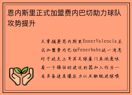 恩内斯里正式加盟费内巴切助力球队攻势提升