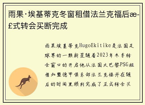 雨果·埃基蒂克冬窗租借法兰克福后正式转会买断完成